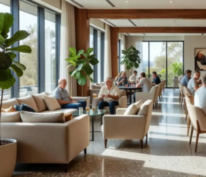 Bright interior with modern poker tables, natural timber, greenery, and a relaxed restaurant and card lounge ambience.