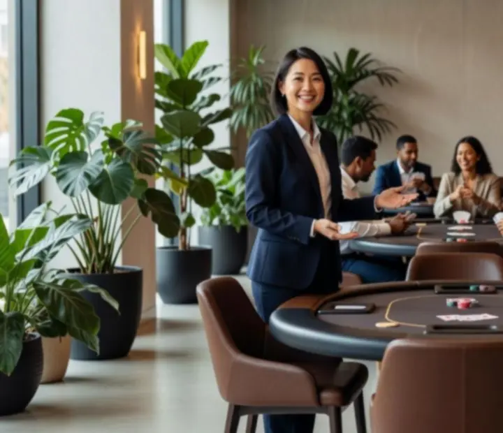 Team members in the card lounge assisting guests with poker and bookings