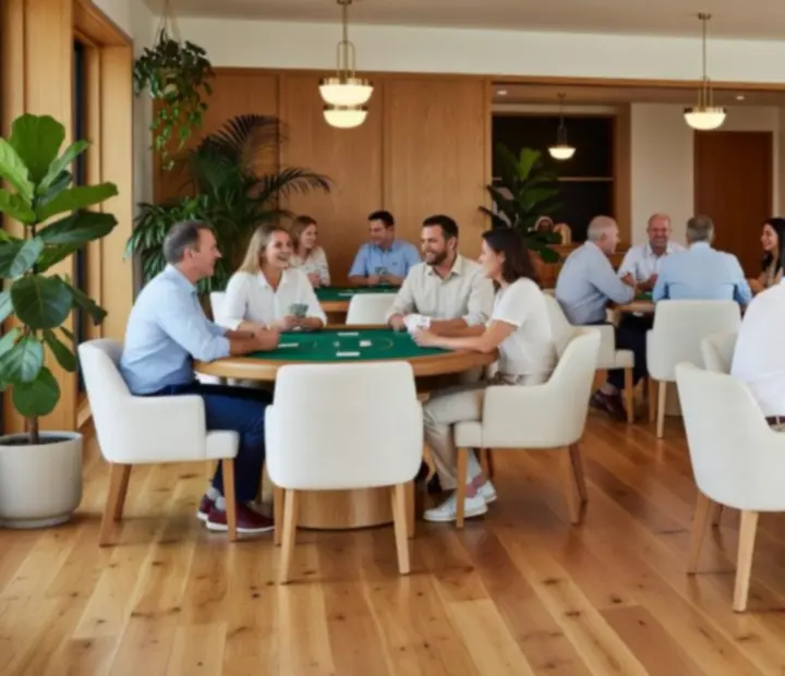 Interior detail of the Oak and Oddss card room, featuring poker tables, greenery, and modern Australian design