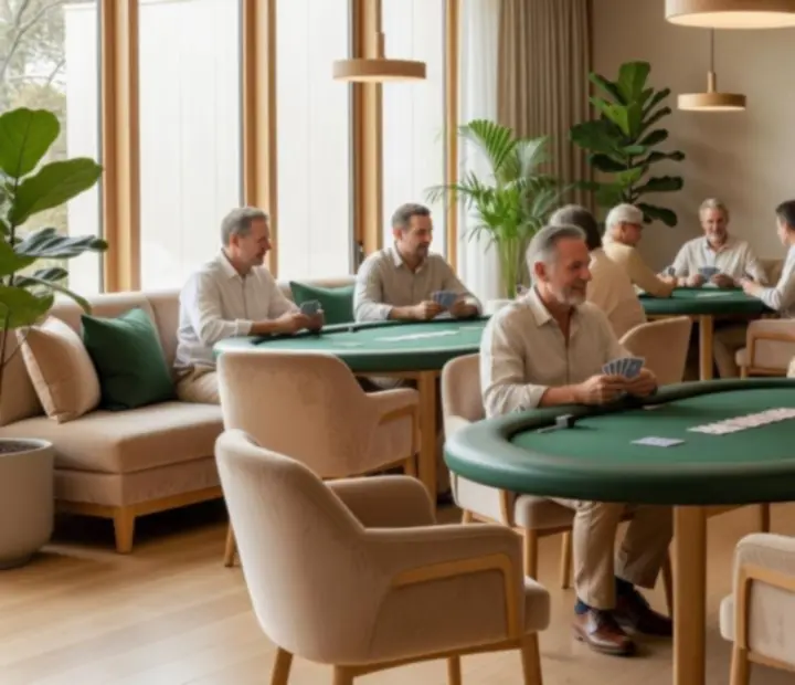 Dedicated card room with contemporary poker tables and natural Australian finishes
