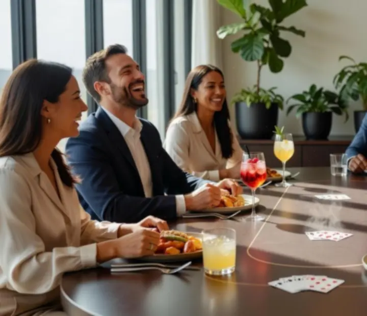 Guests enjoying food and drinks at a poker table while playing cards