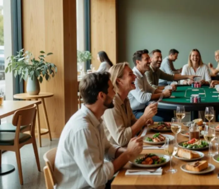 Guests sharing food and live offline poker at modern poker tables in a bright Australian lounge