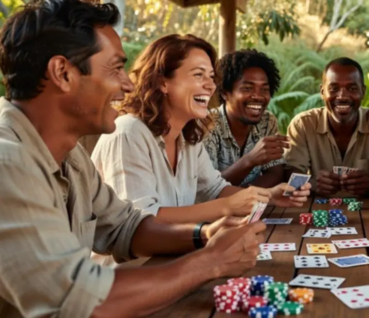 Friends laughing and chatting around a poker table at Oak and Oddss card lounge