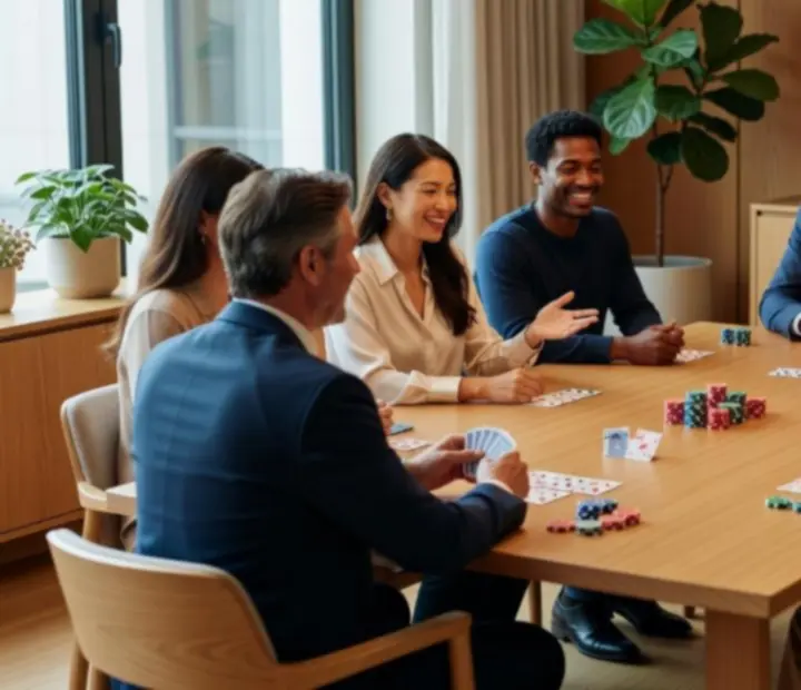 Guests smiling and playing offline poker at a modern card table