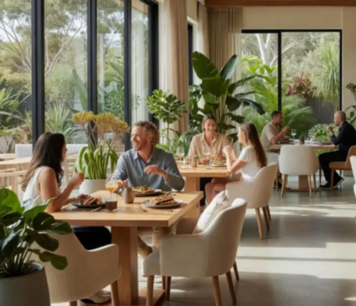 Bright Australian restaurant and offline poker lounge with modern poker tables and guests