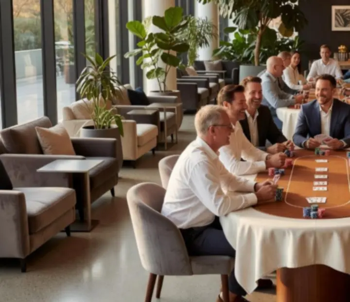 Bright Australian card lounge with modern poker tables, cards and relaxed guests