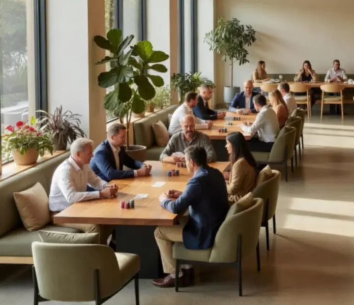 Bright Australian poker lounge with modern poker tables, cards, chips and relaxed guests at Oak and Oddss