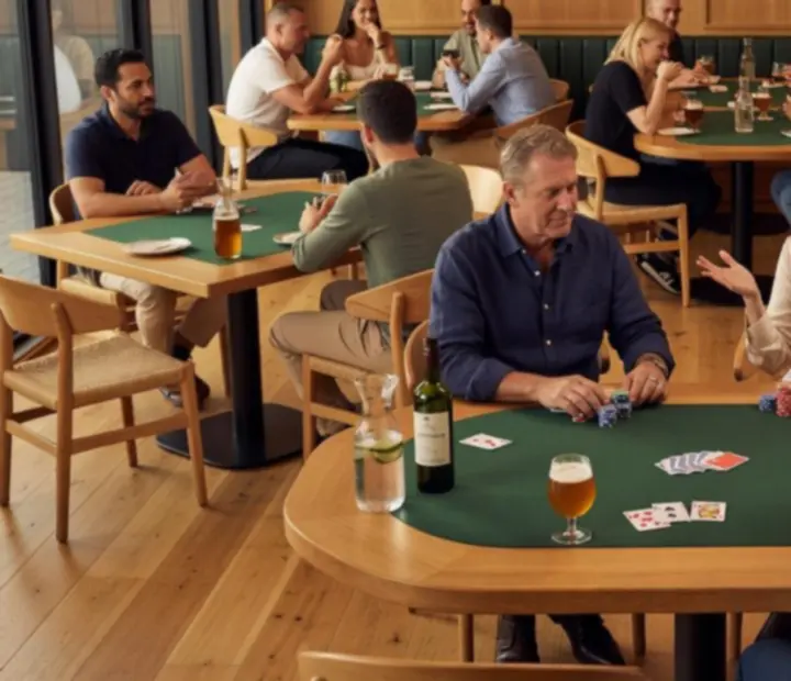 Guests enjoying modern Australian dining beside poker tables during a poker night