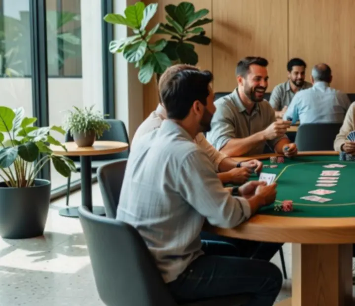 Offline poker social night in a modern Australian card room with cards and chips in play