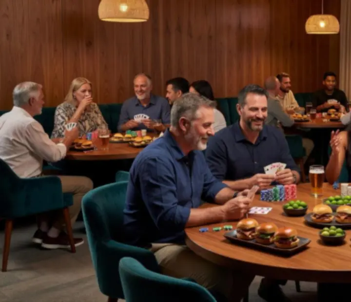 Guests gathered around premium poker tables at Oak and Oddss enjoying an offline poker night with shared plates and drinks.
