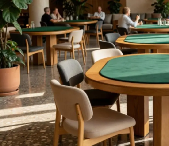Bright Australian card lounge with modern poker tables and guests enjoying offline poker