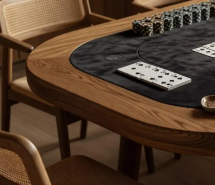 Premium poker table detail with cards and chips at Oak and Oddss