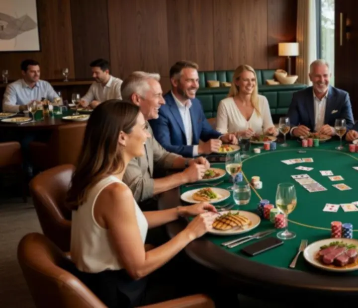 Guests dining at custom poker tables with cards and chips creating a social offline poker atmosphere.