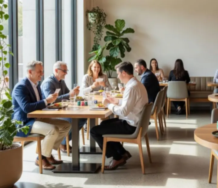 Guests enjoying contemporary Australian dining and offline poker at modern poker tables in a bright restaurant and card lounge.