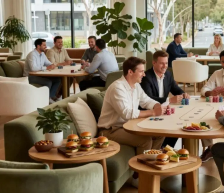 Bright Australian card room with modern poker tables, guests, and dining at Oak and Oddss