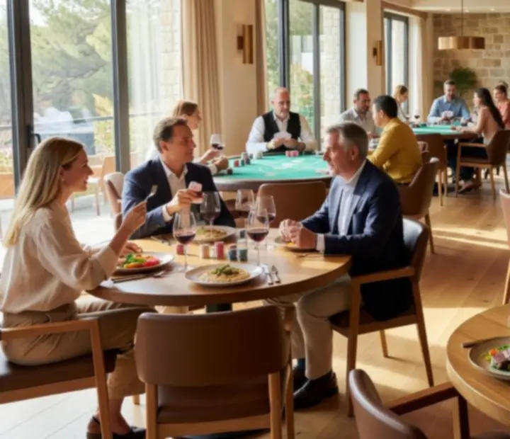 Guests enjoying modern Australian dining beside poker tables in the Oak and Oddss lounge