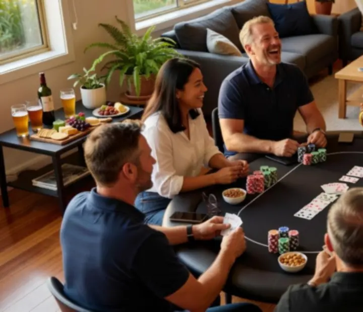 Guests enjoying a social offline poker evening at modern poker tables