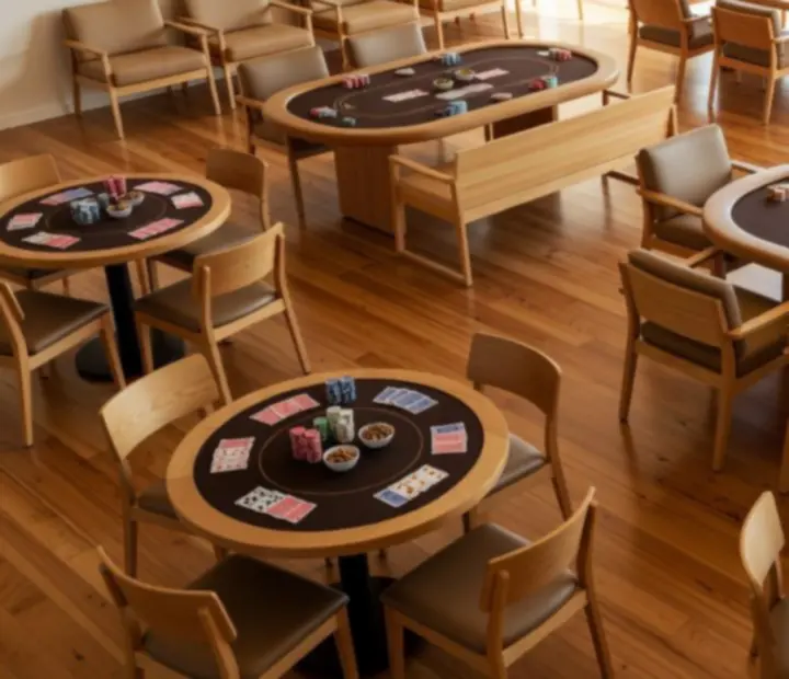 Collection of poker tables and dining settings in a bright Australian card lounge